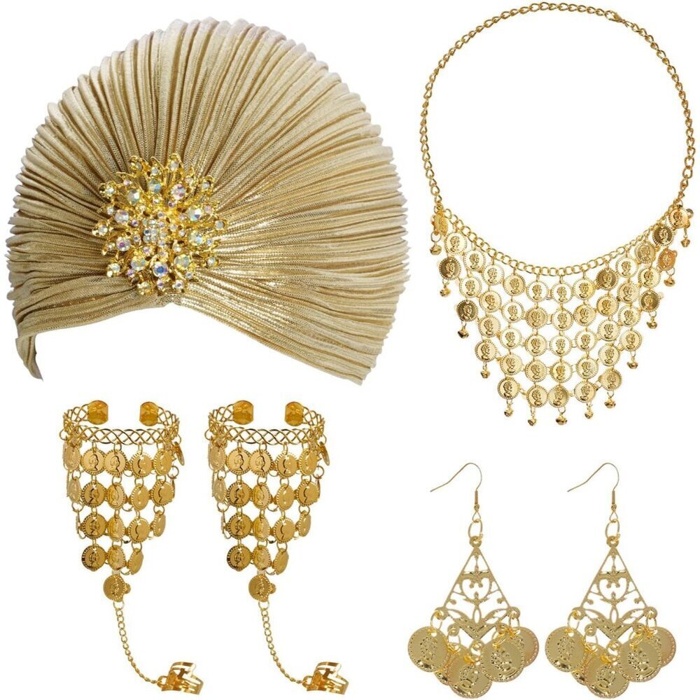 Women Costume Accessories Jewelry Set Gold Turban Earrings Bracelets for Cosplay